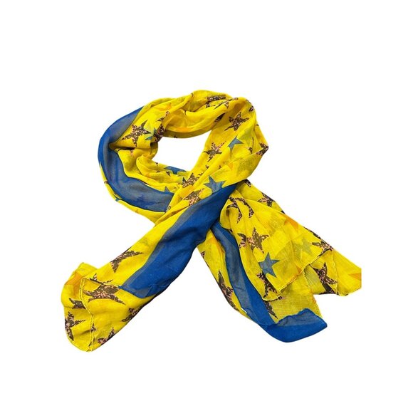 Star Print Rectangle Scarf Yellow Blue Shawl Wrap Lightweight Playful Print - Picture 1 of 7
